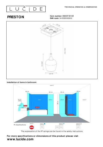 Lucide PRESTON - Suspension Salle de bains - Ø 10 cm - 1xGU10 - IP44 - Blanc - technique